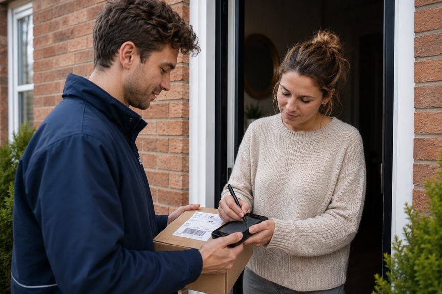 A customer signing for a parcel at their front door