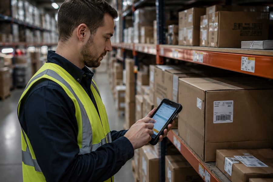 A warehouse operator scanning a parcel label on a handheld tablet