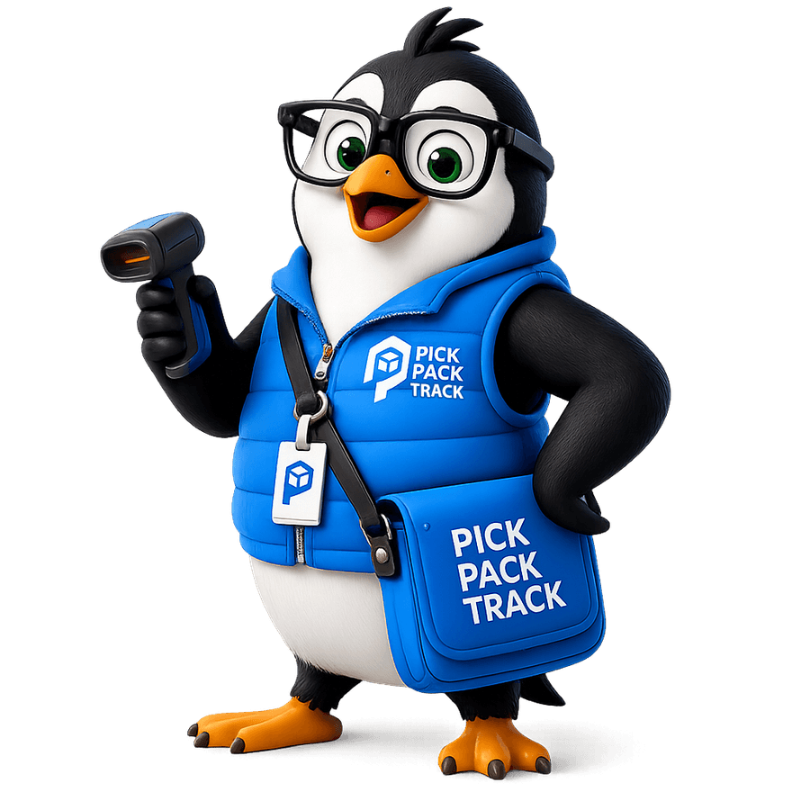 Pick Pack Track penguin mascot with a barcode scanner and delivery satchel