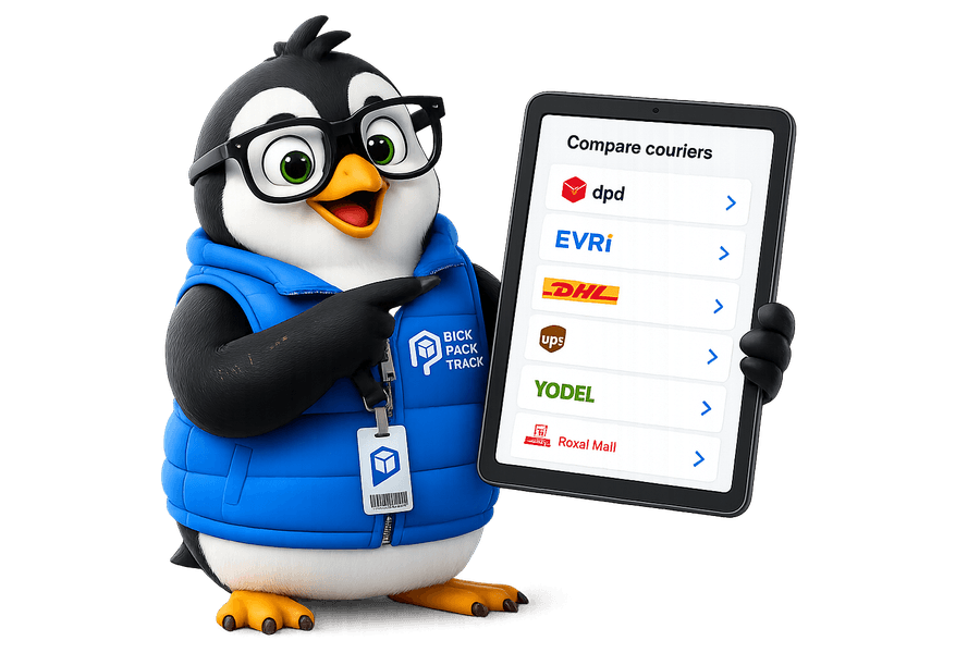 Pick Pack Track penguin mascot holding a tablet comparing courier services