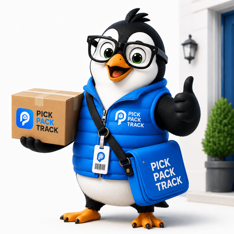 Pick Pack Track penguin mascot delivering a finished parcel to the door