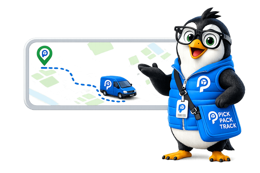 Pick Pack Track penguin mascot pointing at a live delivery tracking map