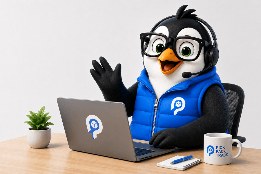Pick Pack Track penguin mascot setting up automation rules at a laptop