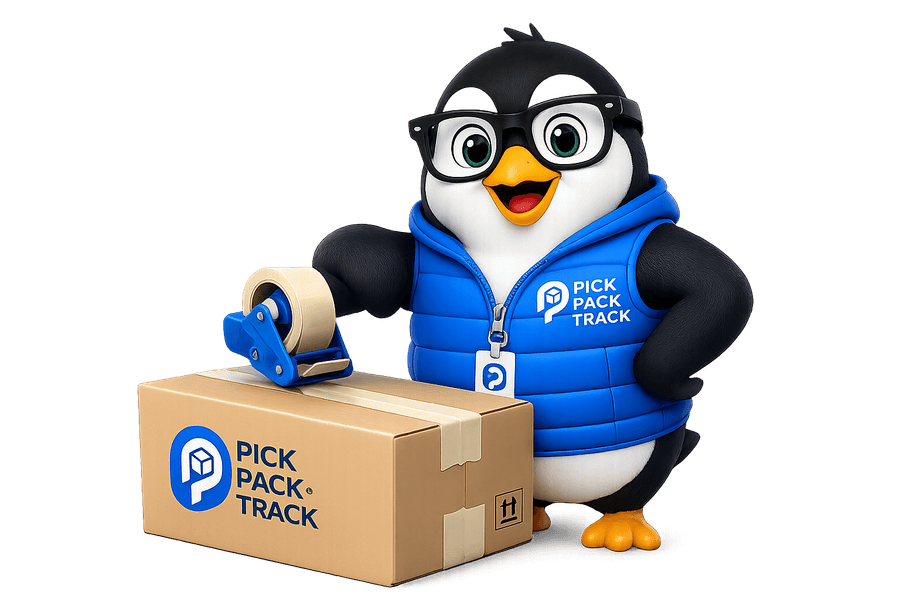 Pick Pack Track penguin mascot with boxes of stock